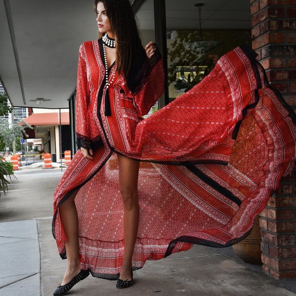 RESORT WEAR Designer Maxi Dress Silk Cruise Tropical Red Maxi Dress - Picture 9 of 11